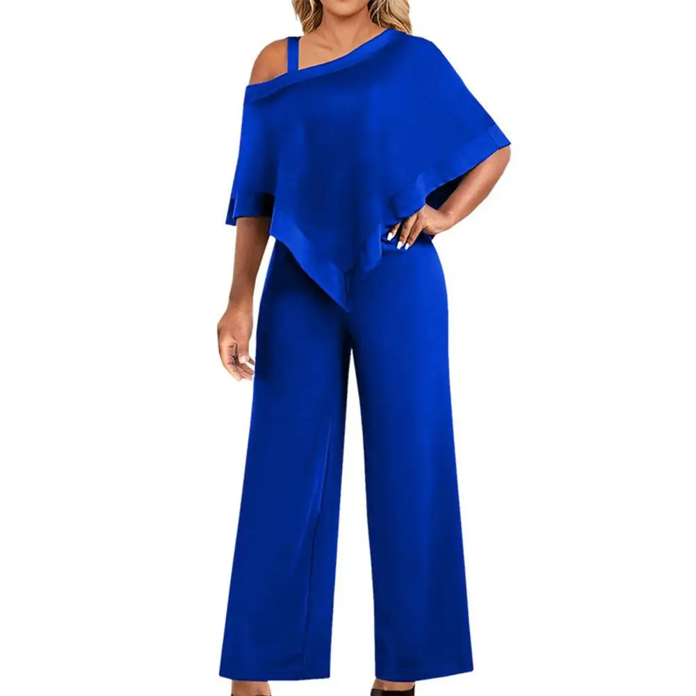 

Solid Color Jumpsuit Fashionable Women's One Shoulder Jumpsuit Wide Leg Solid Color Loose Fit Oblique Neck for Commuting