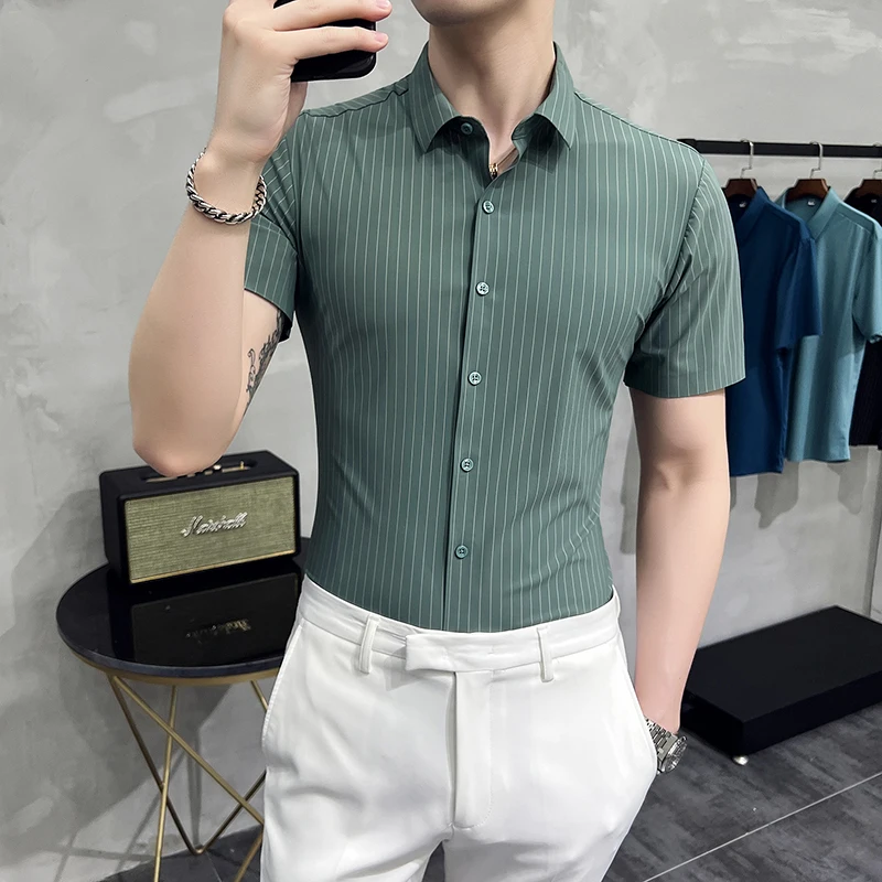

2022 High Quality Summer Men Dress Striped Shirts Short Sleeve Fashion Korean Slim Fit Casual Business Formal Wear Blouse Homme