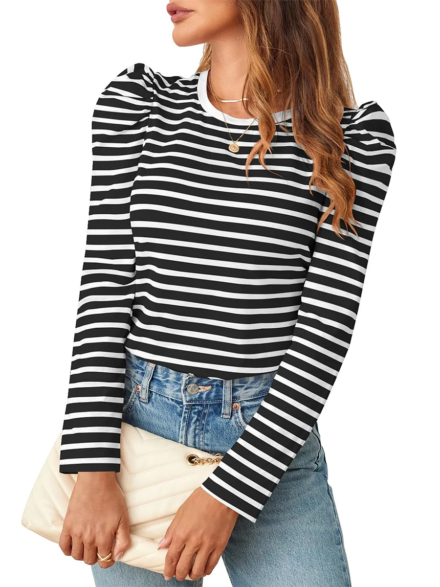 Женская трикотажная футболка в полоску с длинным рукавом и круглым вырезом