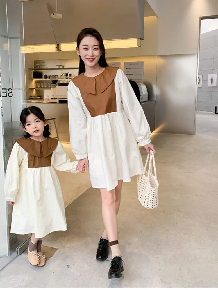

Brand Parent-child Clothing Girls Baby Korean Simple Contrast Color Dress Mother and Daughter Lapel Forest Skirt Dresses
