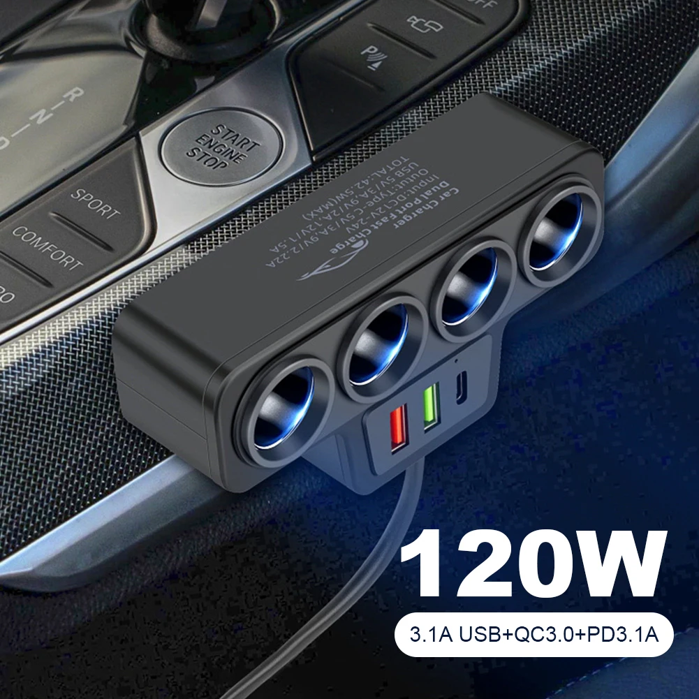 3 USB-розетки QC3.0+PD 3.1A 120 Вт Автомобильный разветвитель прикуривателя 4 розетки