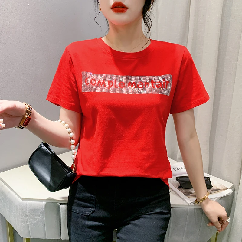 

100% хлопок 2023 летняя европейская одежда, футболка, шикарные сексуальные блестящие Женские топы с надписью со стразами, новые футболки с коротким рукавом 33097