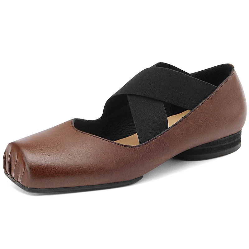 Insicre Cow Leather Elastic Band Low Heels 2022 Fashion Autumn Women Pumps Square Toe Top Quality Size 42 Hand Rubbing