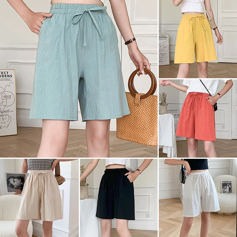Women Fashion Elastic Sports Pants Solid Color Cotton Linen Shorts Knee Length High Waist Summer Loose Casual Soft S-3XL