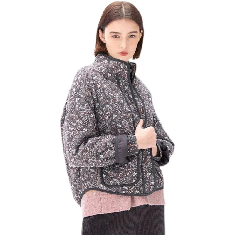 

Vintage Printed Pocket Women's Cotton Jacket Chic Stand Collar Long Sleeved Padded 2023 Autumn Winter Lady Thick Warm Coat
