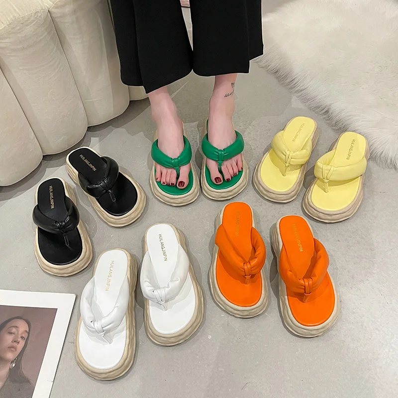 

Slippers 2022 Summer New Fashion Outer Wear Thick-soled Beach Shoes Women's Flip-flops Sandals Candy-colored Flip-flops Mujer
