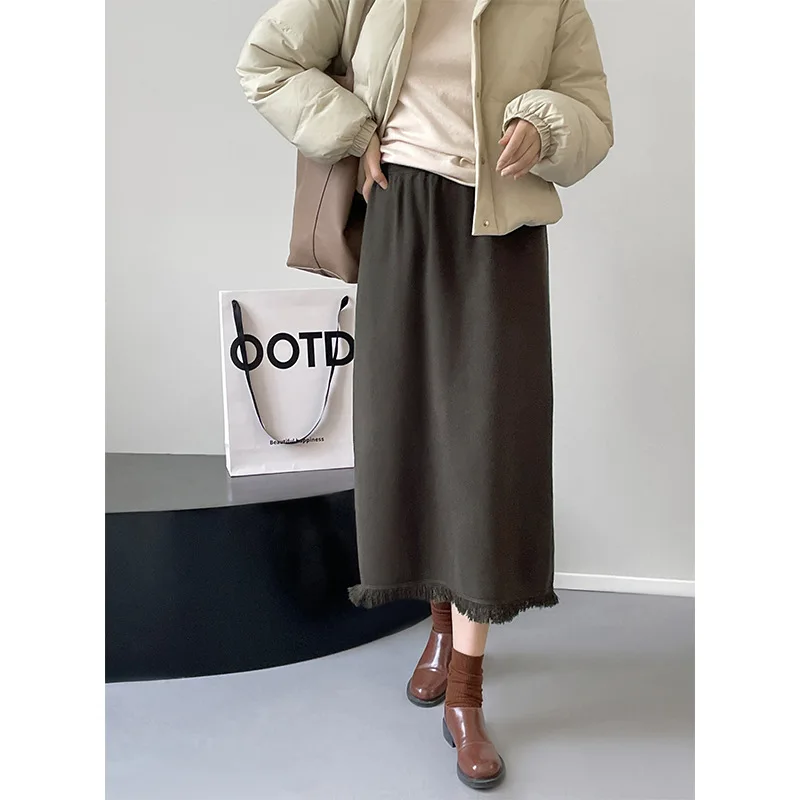 

Autumn Knitted Half Skirt Women's Elastic High Waist Mid Length a-line Skirt Elegant Tassel Street Style Split Half Skirt