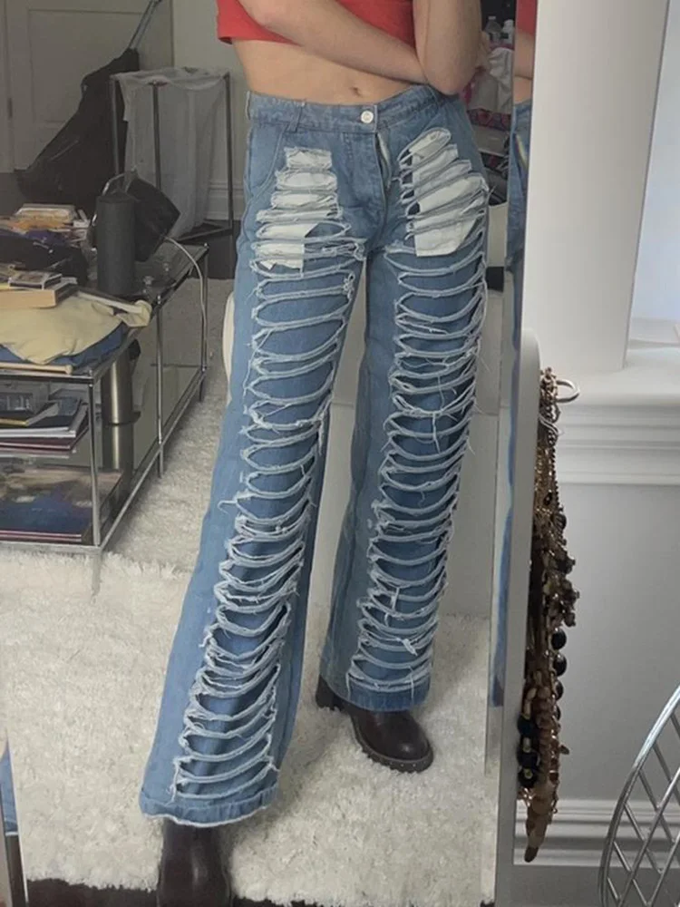 

Женские джинсы с низкой талией WeiYao, синие прямые джинсовые брюки с дырками, в стиле 90-х, Корейская уличная одежда, Y2K