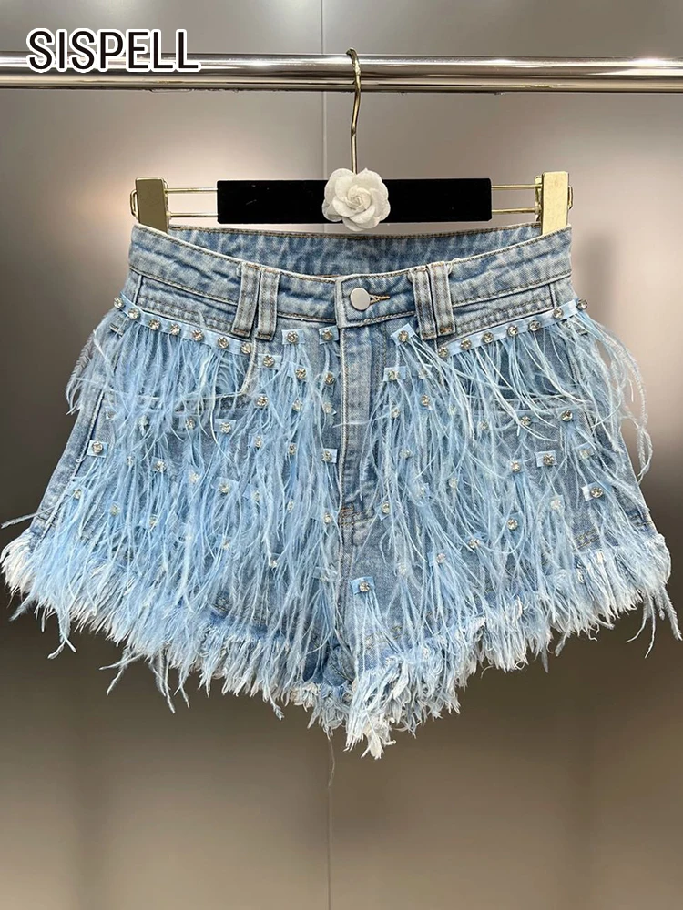 

Женские джинсовые шорты SISPELL, повседневные свободные штаны с высокой талией, с перьями, с сырым подолом, со стразами, в стиле пэчворк, для лета