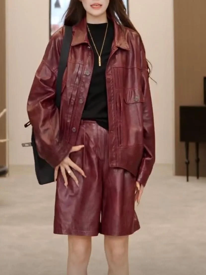 2024 новое однотонное пальто из натуральной кожи верхняя одежда мотоциклетный