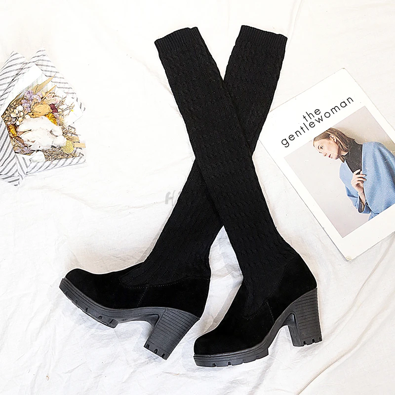 

Woman Sock Boots Heels Over The Knee Botas Feminina Woman Long Elastic Botines autumn Winter New Brand Knitting Plush