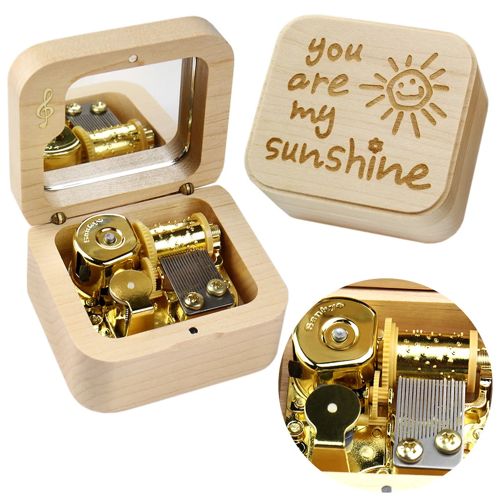 Rosiking Wooden Vintage Custom Carved Clockwork Music Box You are my sunshine For Frends Girl and Children Birthday Gift