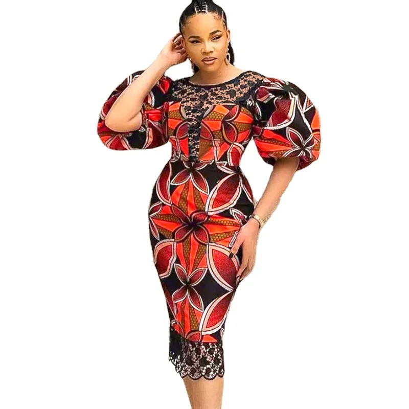 

African Dresses for Women Spring Autumn African Women Short Sleeve O-neck Polyester Printing Knee-length Dress African Clothes