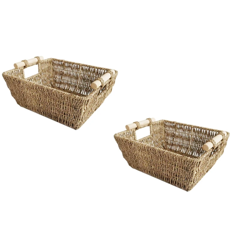 

Seagrass Baskets Decorative Shelf Organizer Bins For Bathroom With Wooden Handles For Toilet Paper, Hand Towels Kitchen