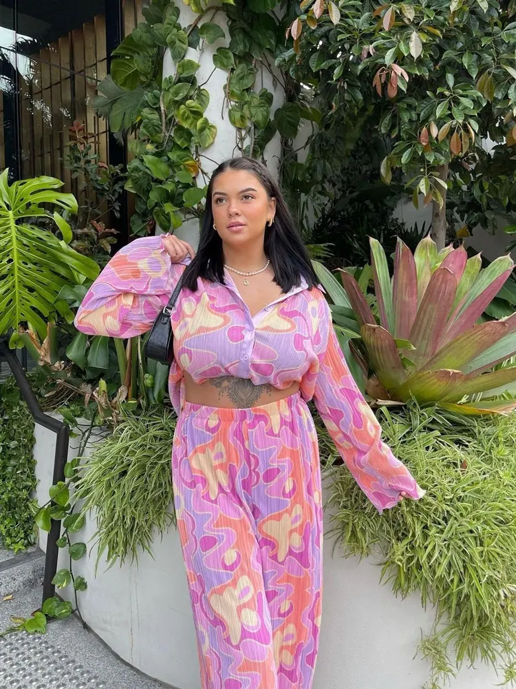 Женский плиссированный комплект из двух предметов Свободный Топ с цветочным