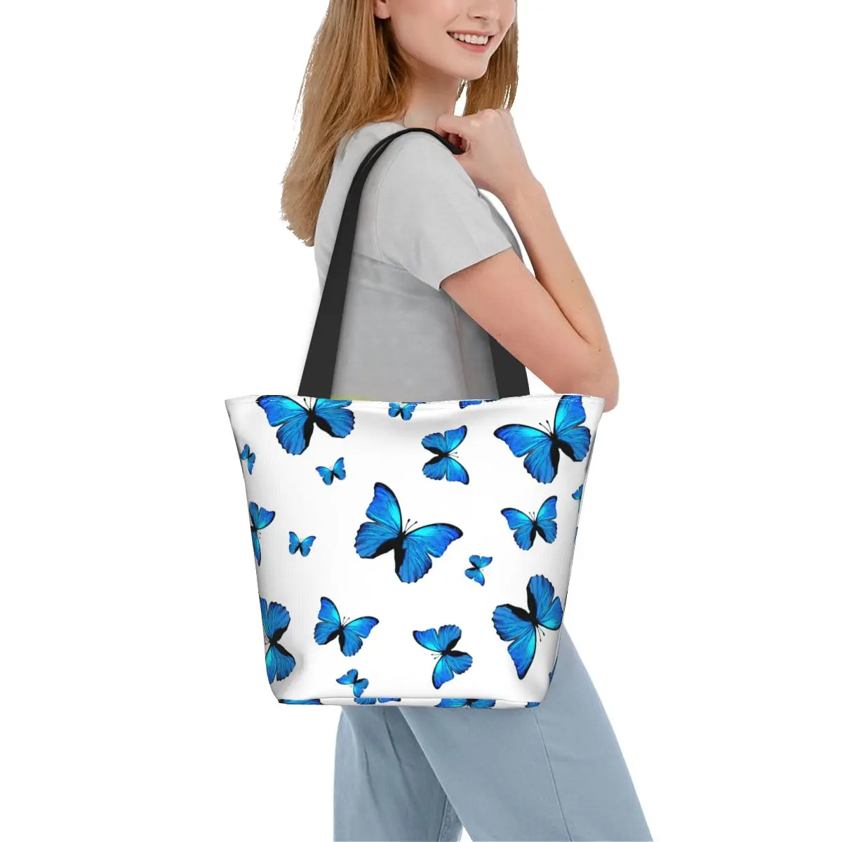 

Сумка-шоппер с голубыми бабочками и принтом насекомых, стильная новинка, Домашняя мода, сумки-шопперы с принтом, эстетические дорожные сумки для покупок