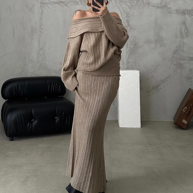 Fashion Slim Winter Outfit Chic Women Long Sleeve One Shoulder Jumpers&ampLong Skirts Sets Elegant Solid 2Pcs Party Knitted Suit