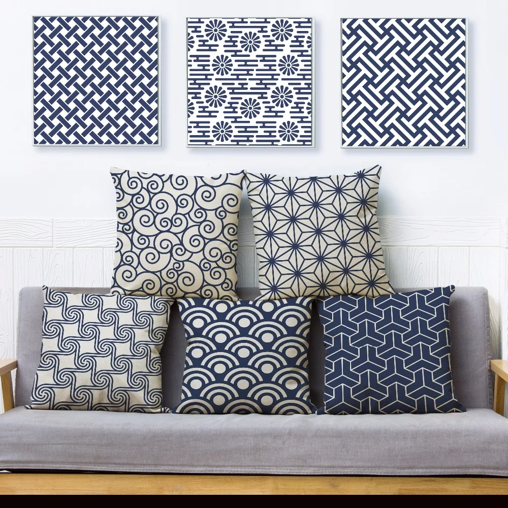 

Vintage Dark Blue Geometric Print Pillow Cover 45*45cm Cushion Covers Linen Pillows Cases Sofa Home Decor Cushion Covers