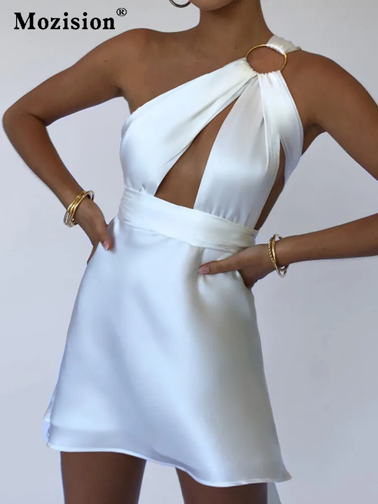 

Mozision Sexy Hollow Out Bandage Women Dress White Asymmetrical High Waist Mini Dress Women Spring Skinny Fashion 2022