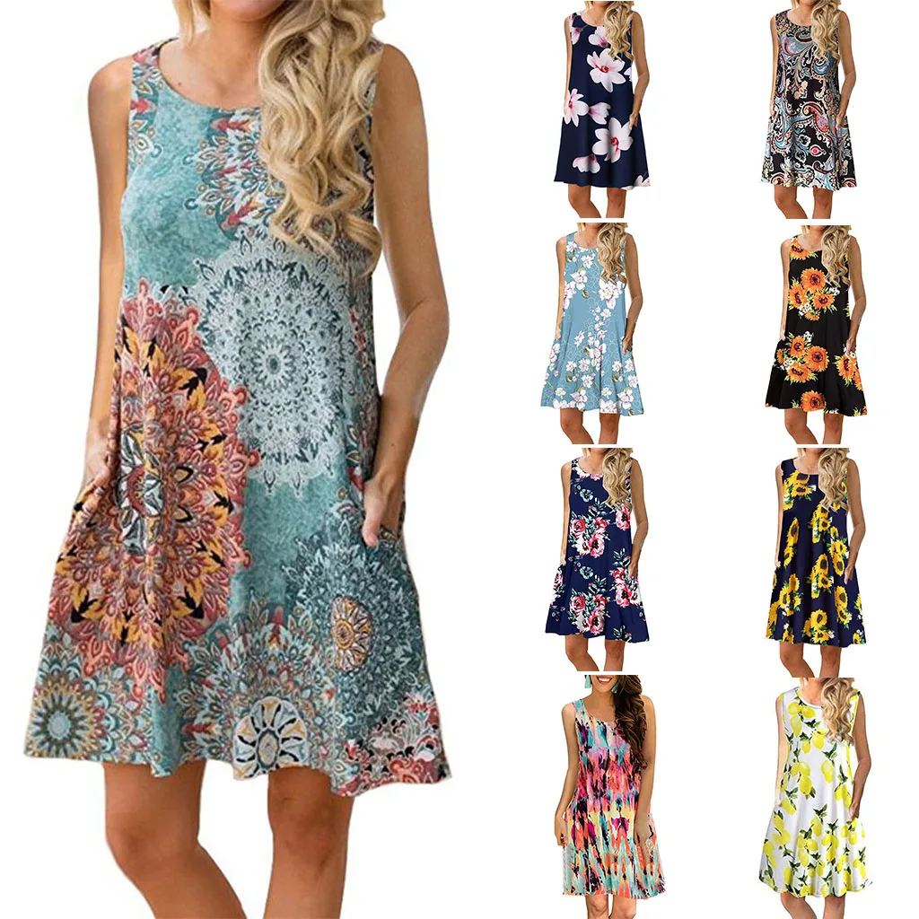 

2023 Summer Women Fashion Casual Sleeveless Floral Print Elegant Vintage Dress Fake Two-Piece High Neck Asymmetrical Dress