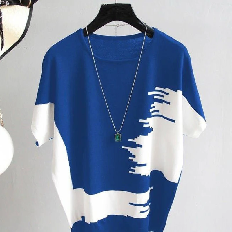 Летний свитер контрастных цветов пуловер Женская винтажная Свободная