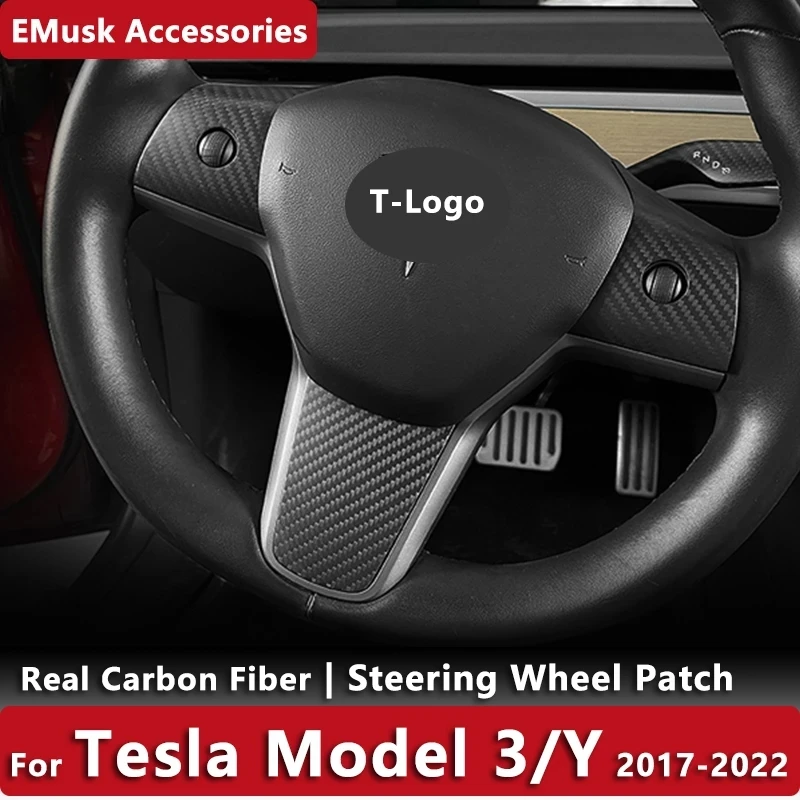 

Real Carbon Fiber Steering Wheel Patch For Tesla Model 3 Model Y 2017-2022 2021 Auto Accessories Car Interior Decals Trim Cover