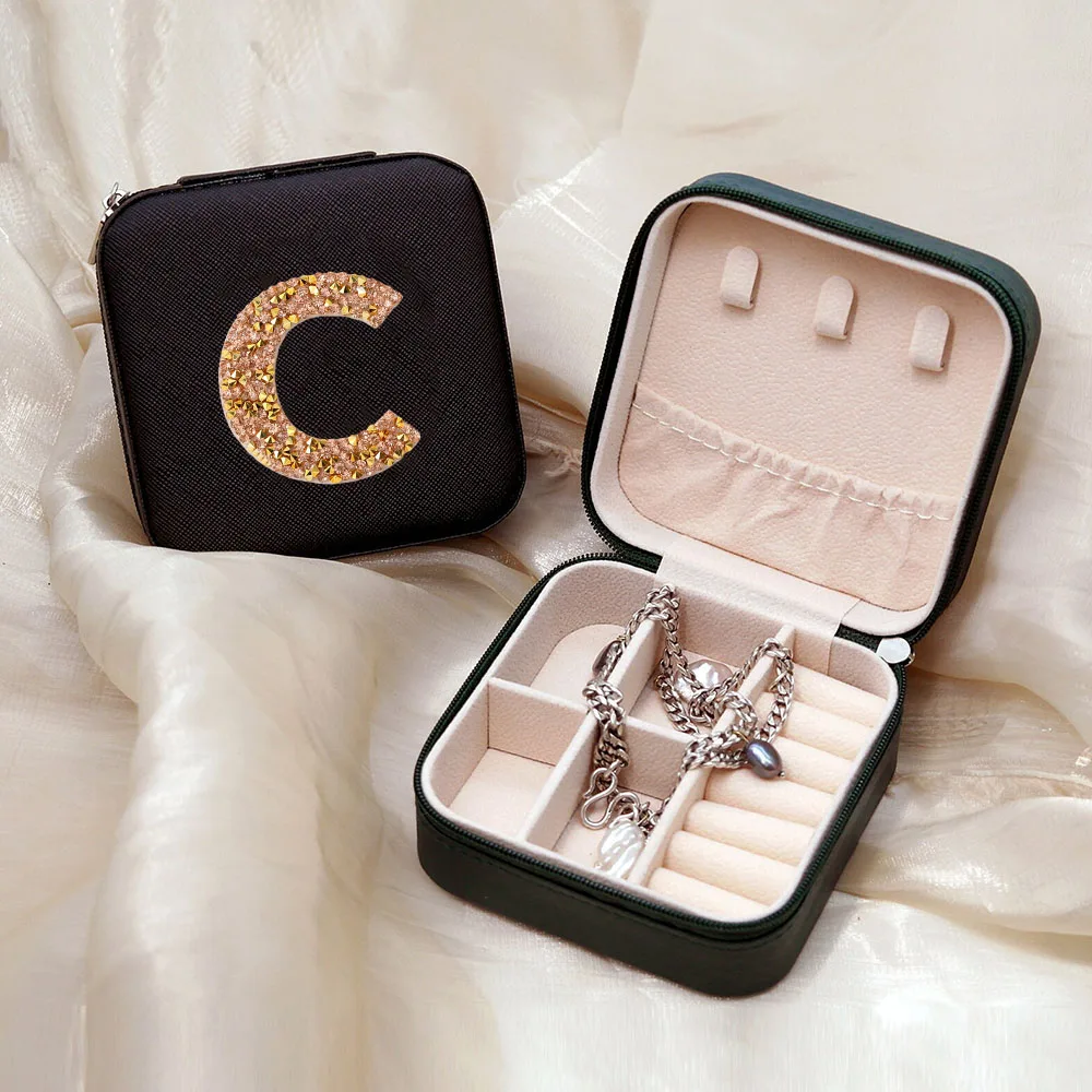 Rhinestone Initial Jewelry Organizer Travel Jewelry Case Bridesmaid Proposal Honeymoon Gift Travel Case