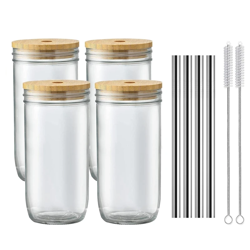 

Glass Cups Set - 24Oz Mason Jar Drinking Glasses W Bamboo Lids & Straws & 2 Airtight Lids - Cute Reusable Boba Bottle