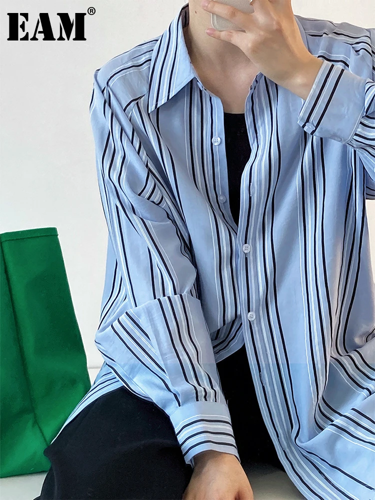 

[EAM] Women Blue Vertical Stripes Big Size Long Blouse New Lapel Long Sleeve Loose Fit Shirt Fashion Spring Autumn 2022 1DF0309