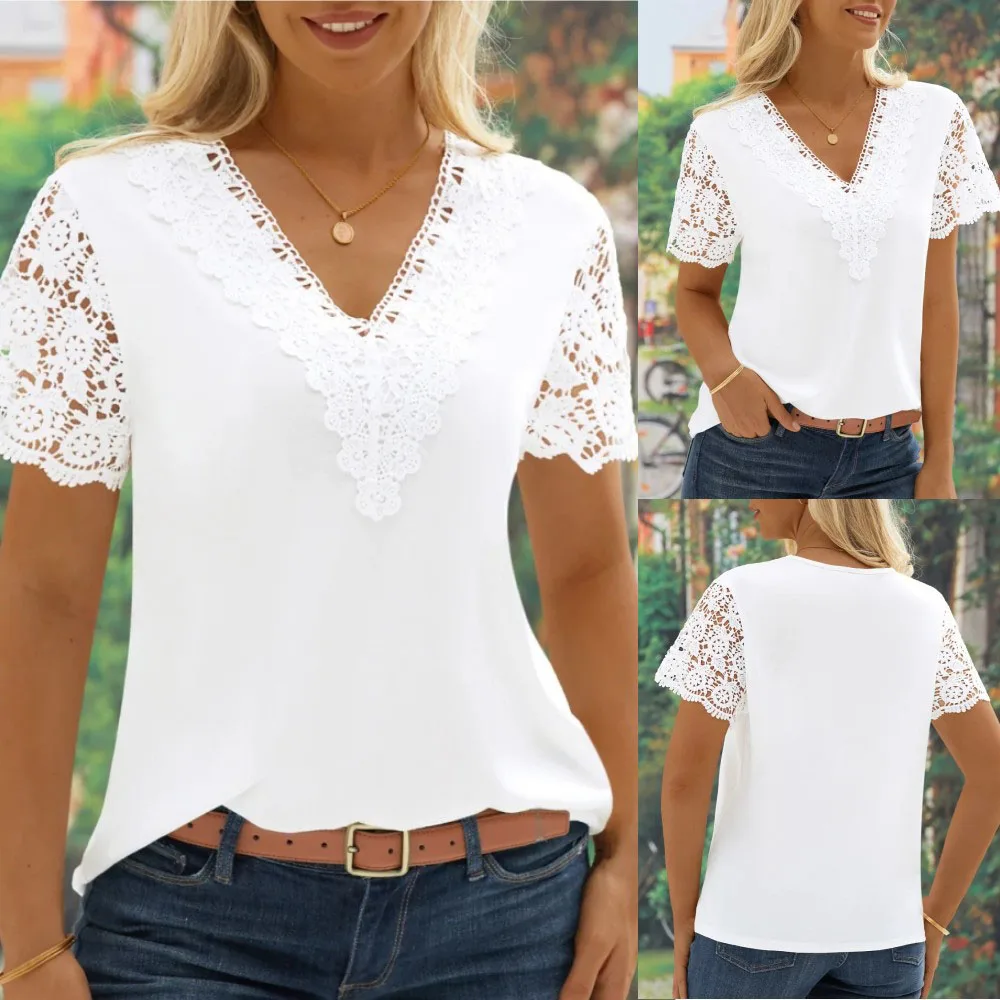 

Women's Blouse Summer Simple V-neck Lace Patchwork Short-sleeve White Top T-shirt For Women Casual Streetwear Female Clothing