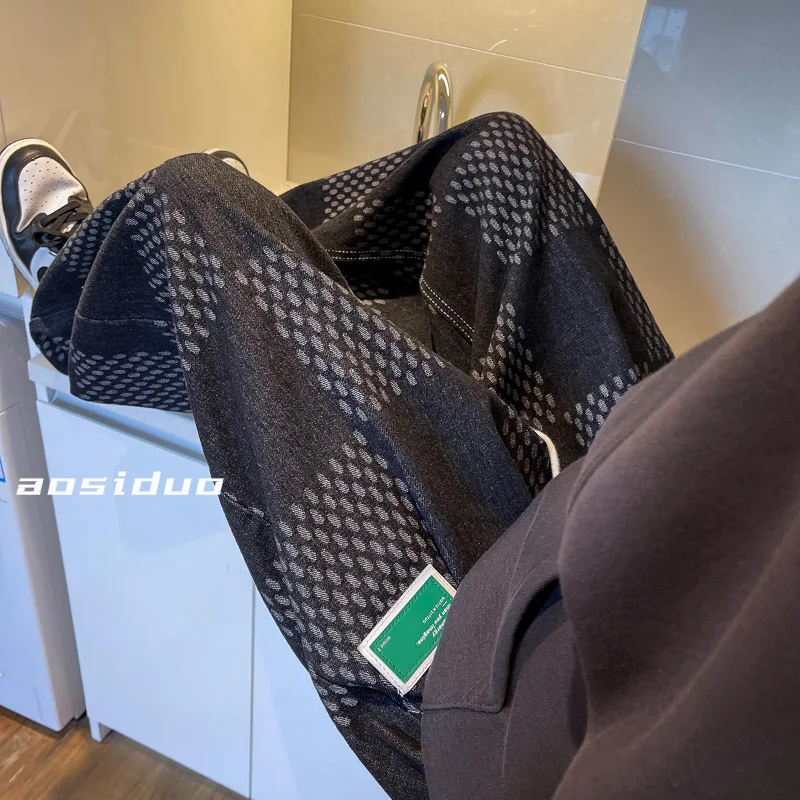 DEEPTOWN Vintage Plaid Straight Denim Pants Men Casual Streetwear Loose Jeans Black Bule Trousers Male Hip Hop Japanese Spring