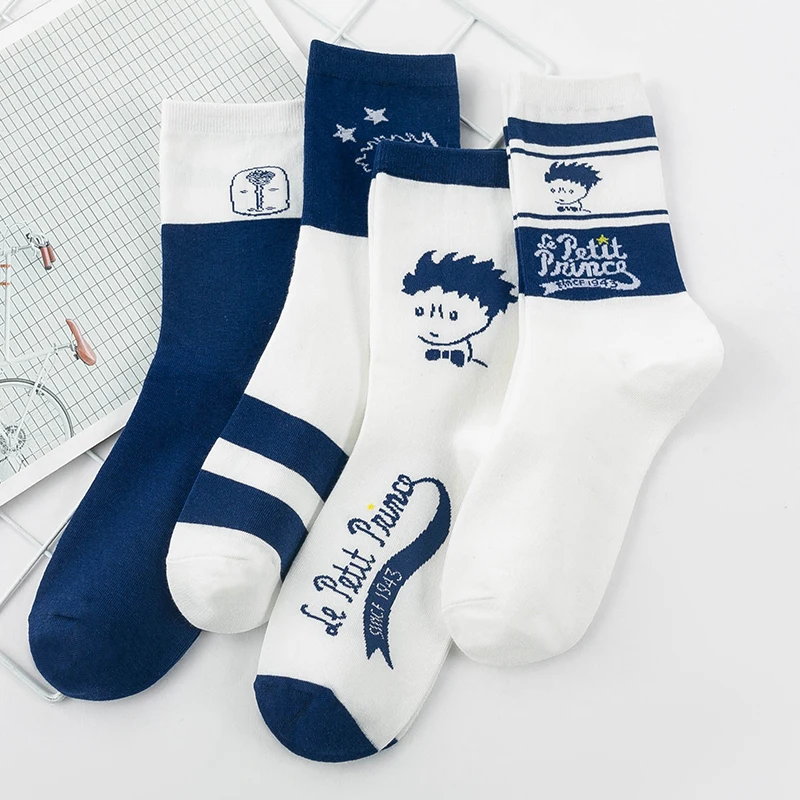 4 Pairs/Box Cartoon Little Prince Stockings Cotton Harajuku Blue Soft Portrait Trend Pack Personality Tube Men Women Socks Gifts