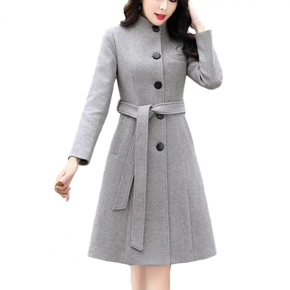 

Autumn Winter Women Woolen Coat Fashion Single-breasted Stand Collar Solid Color Overcoat Slim Fit Mid Length Outwear Streetwear