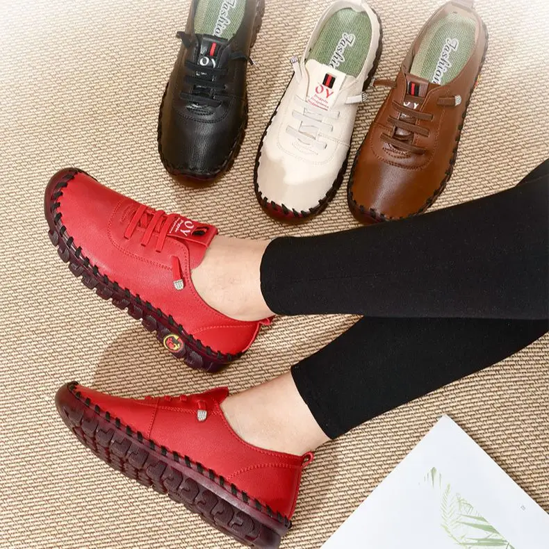 Women Sneakers Vintage Breathable Flat Shoes Platform Loafers Lace Up Leather Slip-On New Fashion Casual Mom Shoe Zapatos Mujer
