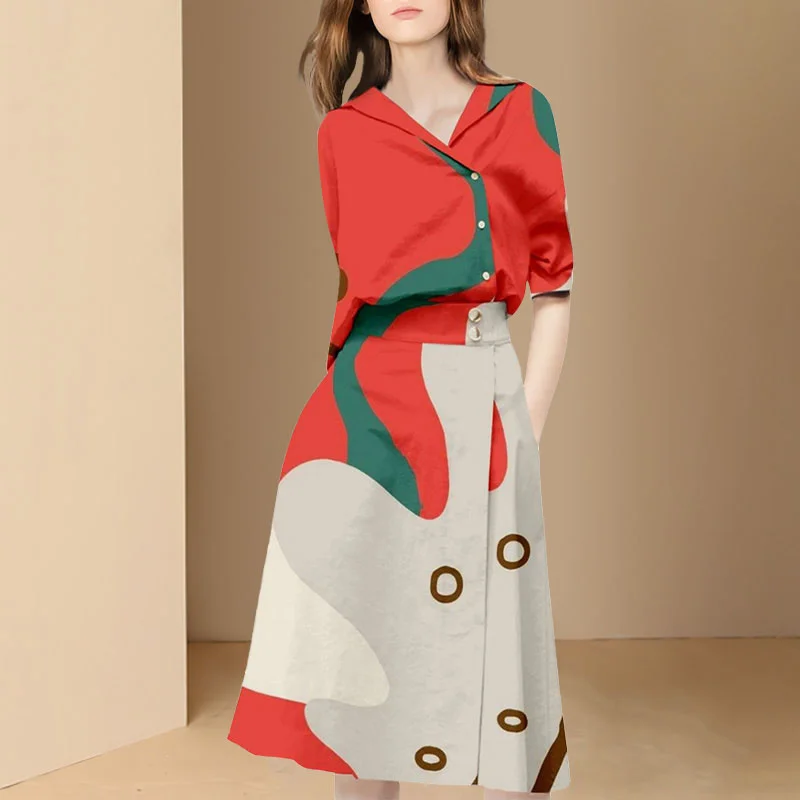 

Spring Summer Printed Shirt+High Waist A Line Midi Skirt Set Women Fashtion Temperament V Neck Side Single Breasted Short Top