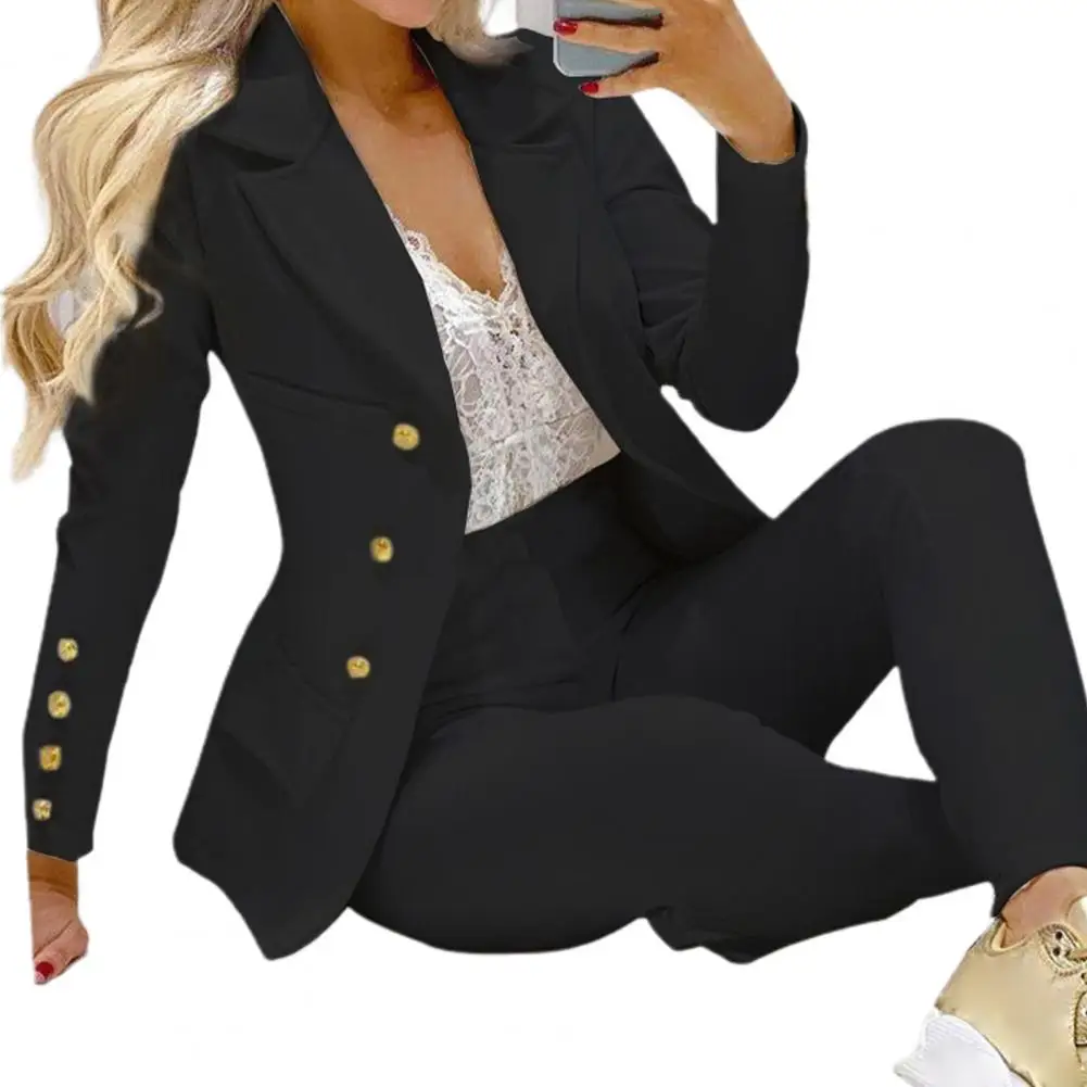 

2 Pcs/Set Lady Business Suit Turn-down Collar Solid Color High Waist Single-breasted Ankle-banded Pants suit for Work