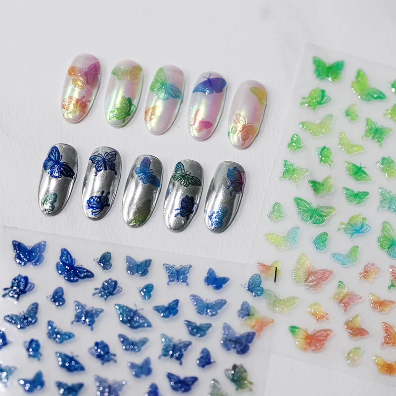 

5D Jelly Glue Butterfly Self Adhesive Nail Decals Gradient Candy Color Nails Stickers High Quality Manicure Nail Art Decorations