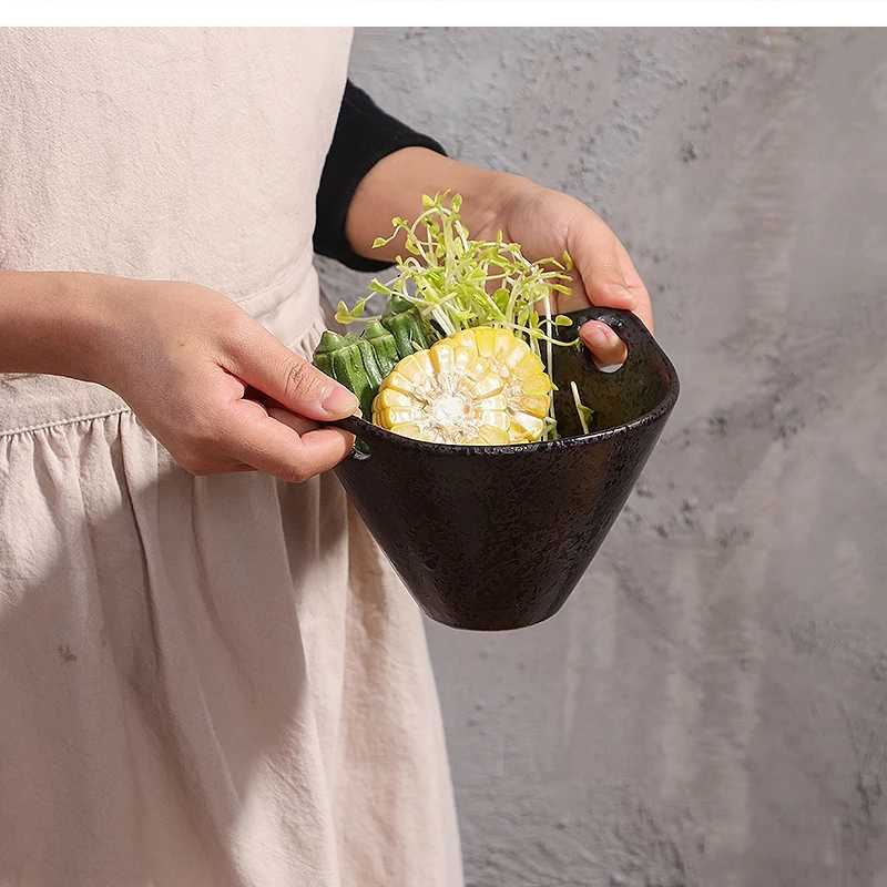 Japanese Art Retro Ceramic Binaural Bowl Minimalist Home Salad Soup Noodle Dessert Hotel Restaurant Kitchen Tableware 500ml