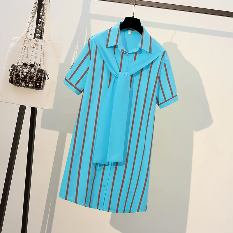

Short Sleeve Top Striped Shirts Women Summer Loose With Shawl Chic Woman Blouse Casual Medium Long Women's Dress Fashion D828