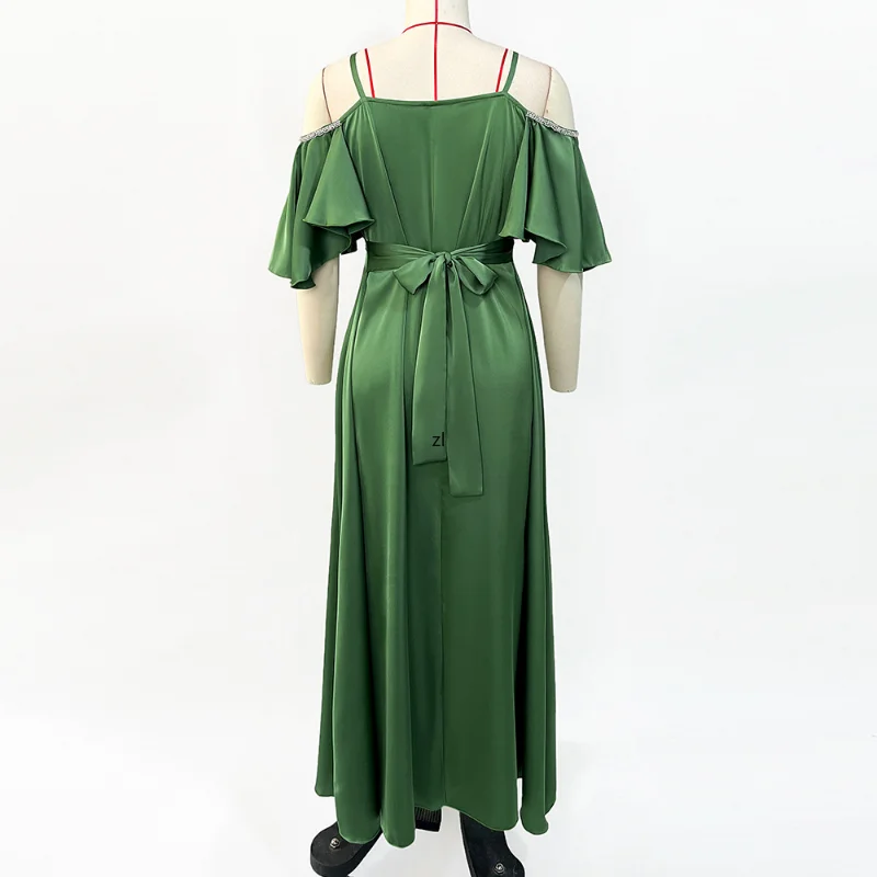 Summer Dresses 2022 Turkey Backless Sling Long Dress Rhinestone Belted Kaftan Solid Green Spaghetti Strap Beach Holiday Robe