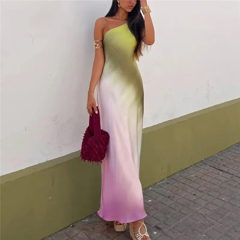 

Women Asymmertic Satin Backless Dress Woman Off Shoulder Sexy Evening Party Dresses Midi Summer Dresses Tie Dye Long Dress