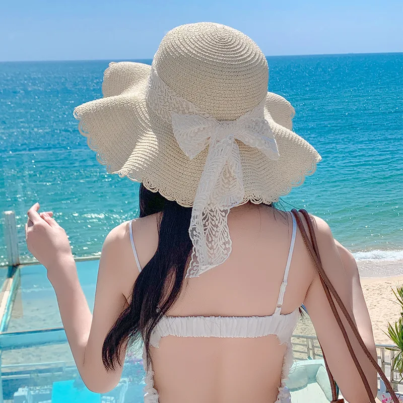

Шляпа женская Соломенная Складная с кружевной отделкой, Повседневная Уличная дорожная Панама с широкими полями для девушек, пляжная шляпа от солнца, лето 2023