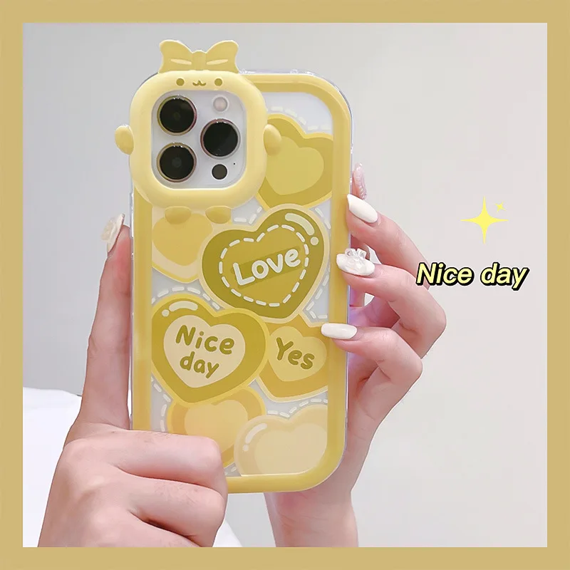 

3D Cute Heart Bow Tie Frame Phone Case For iPhone 14 12 13 11 8 7 6 Plus Pro MAX XR X XS Shockproof Shell Bumper Back Cover