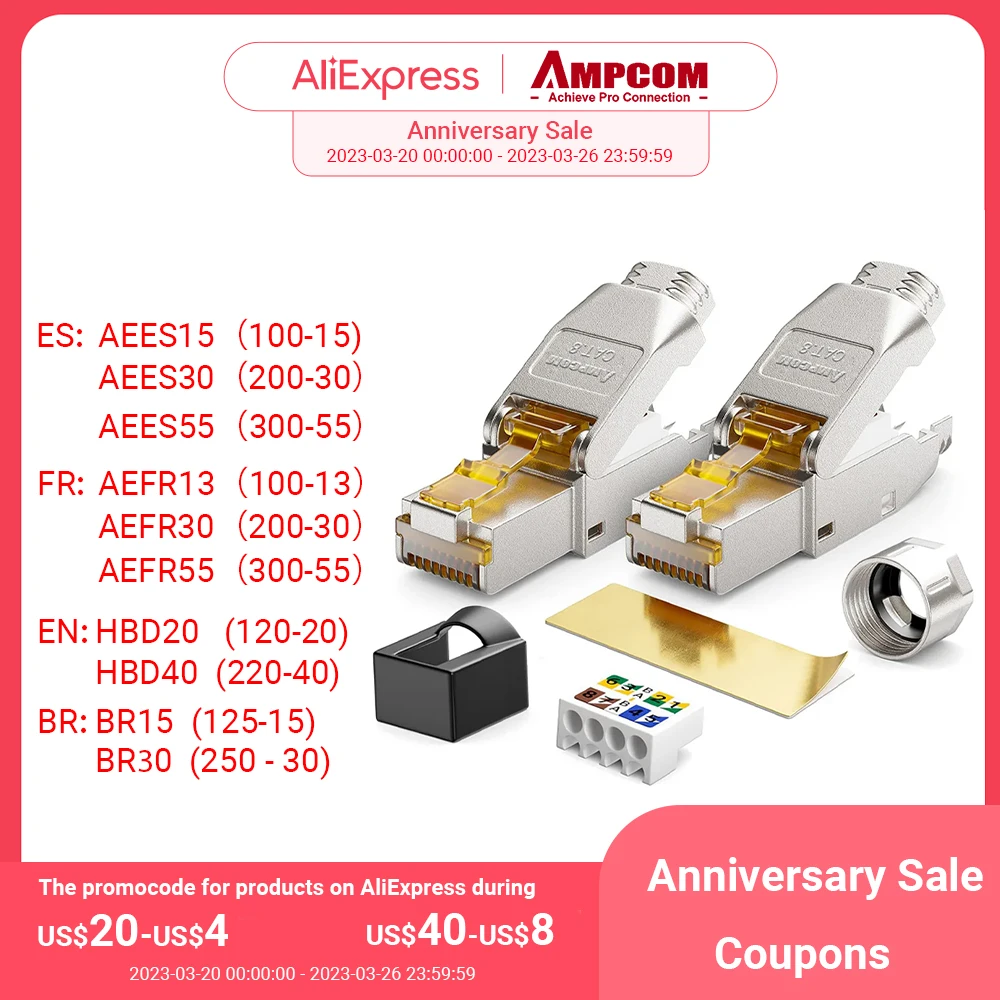 

AMPCOM Toolless RJ45 Connector, CAT8/7A/7/6A/6 Tool free Reusable Termination Plugs Shielded Ethernet Field Modular PLug