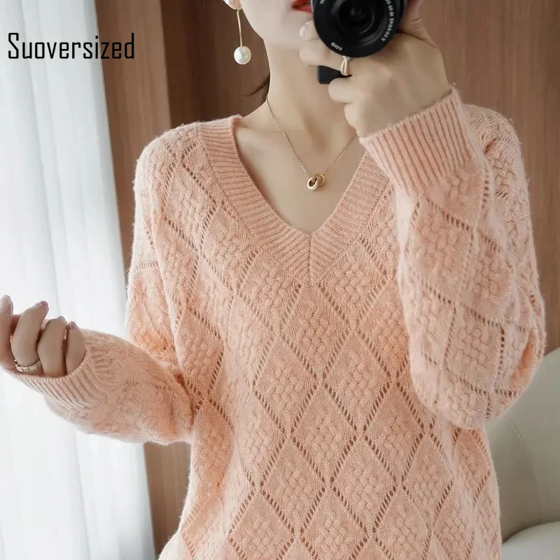 

2022 Spring Hollow Out Knit Pullover Women Casual Loose V-neck Sweatershirts Solid Color Knit Tops Korean Fashion knitwear