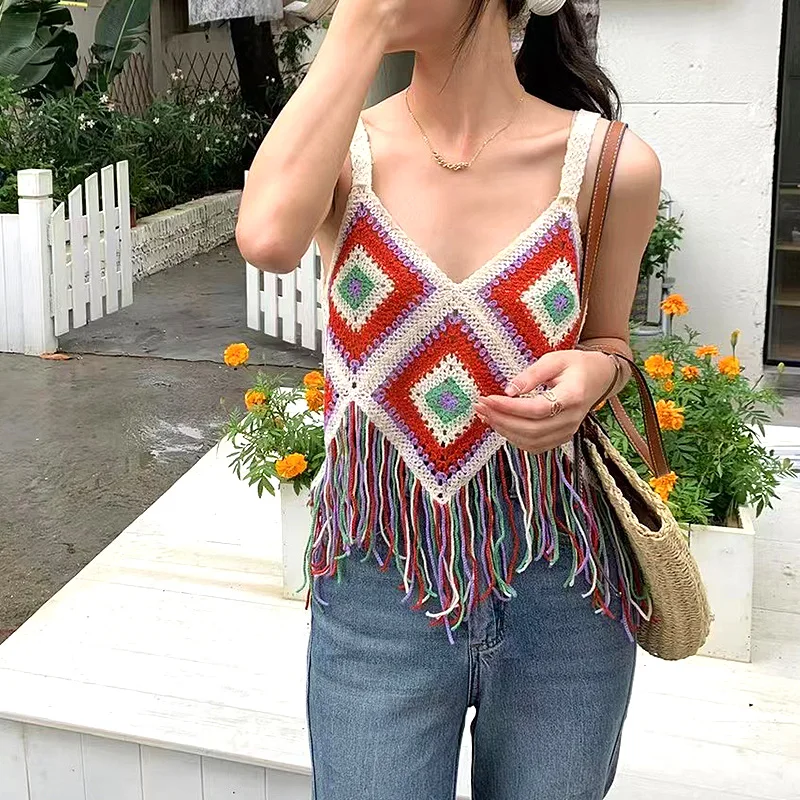 

Boho Style Women Sleeveless Crochet Knit Crop Tank Top Vintage Bohemian Summer Beach Tassel Camisole Ladies Vest Cover Up