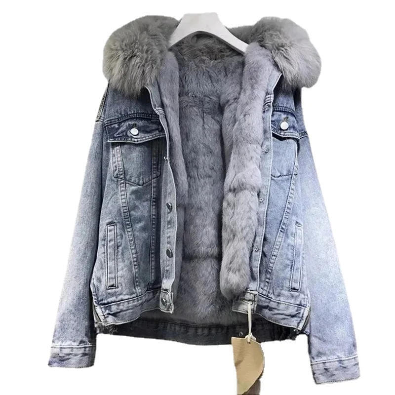 Women Winter Warm Basic Coat Big Fur Collar Denim Jacket Female Cold Motorcycle Jackets Outerwear Fleece Thick Overcoat 2022