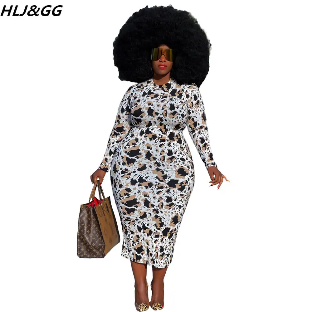 HLJ&GG Fall Winter Plus Size Women Clothing 5XL Casual Round Neck Long Sleeve Leopard Print Mid Dresses Fashion Bodycon Vestidos