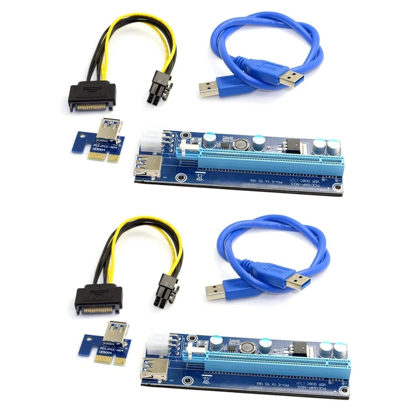 

Усовершенствованный переходник PCI-E 1X до 16X для майнинговой машины, адаптер с USB 3,0 и 6-контактным кабелем питания, 2 шт.