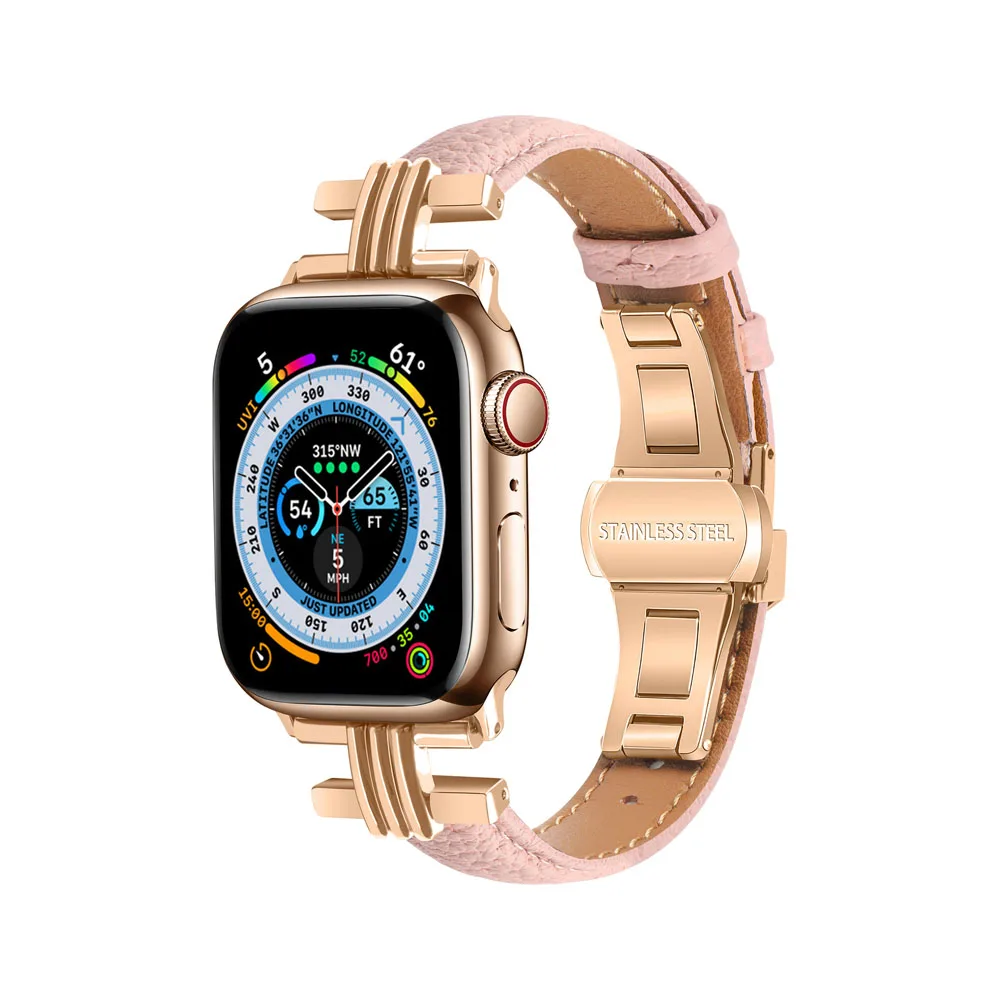 

Ремешок для часов Apple Watch iwatch8, браслет из натуральной воловьей кожи с рисунком личи, пряжкой-бабочкой и тремя вертикальными головками, 22 мм